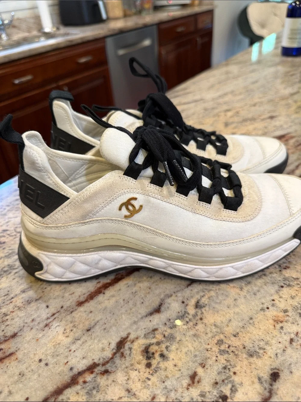 CHANEL Cream and Black Lace-Up Chunky Sneakers
